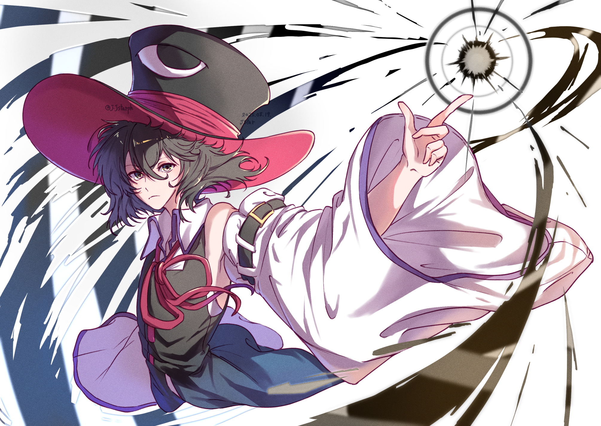 yoni., enraku tsubakura, len'en, highres, 1other, androgynous, arm belt, attack, bare shoulders, belt, belt buckle, black belt, black coat, black hair, black hat, buckle, closed mouth, coat, collared shirt, cropped torso, detached sleeves, expressionless, eye of senri, floating clothes, floating hair, frown, gold buckle, grey eyes, hair between eyes, hat, ink, laser, long sleeves, looking at viewer, messy hair, monochrome ray (len'en), neck ribbon, other focus, outstretched arm, red hat, red ribbon, ribbon, ribbon-trimmed coat, ribbon trim, shirt, sleeveless, sleeveless coat, sleeveless shirt, solo, spell card, top hat, two-sided fabric, two-sided headwear, white background, white shirt, white sleeves, wide sleeves