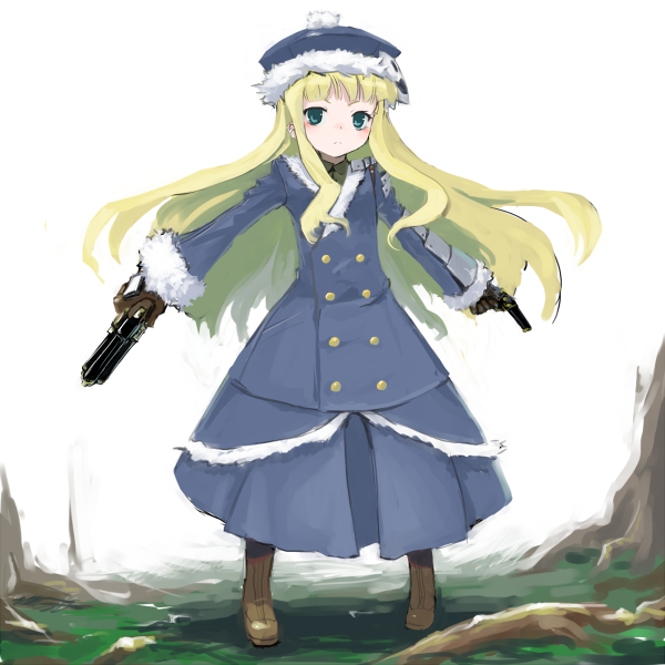 ume (datsuryokugen), gunner (sekaiju), gunner 2 (sekaiju), jack frost (megami tensei), atlus, etrian odyssey, bad id, bad pixiv id, 1girl, dual wielding, female focus, gun, handgun, hands on own hips, holding, pistol, revolver, solo, weapon