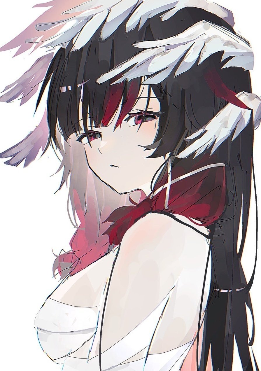 mofu163, columbina (genshin impact), genshin impact, highres, 1girl, bandages, bare shoulders, black hair, breasts, closed mouth, from side, head wings, long hair, looking at viewer, medium breasts, multicolored hair, red eyes, red hair, simple background, sketch, solo, two-tone hair, upper body, white background, wings