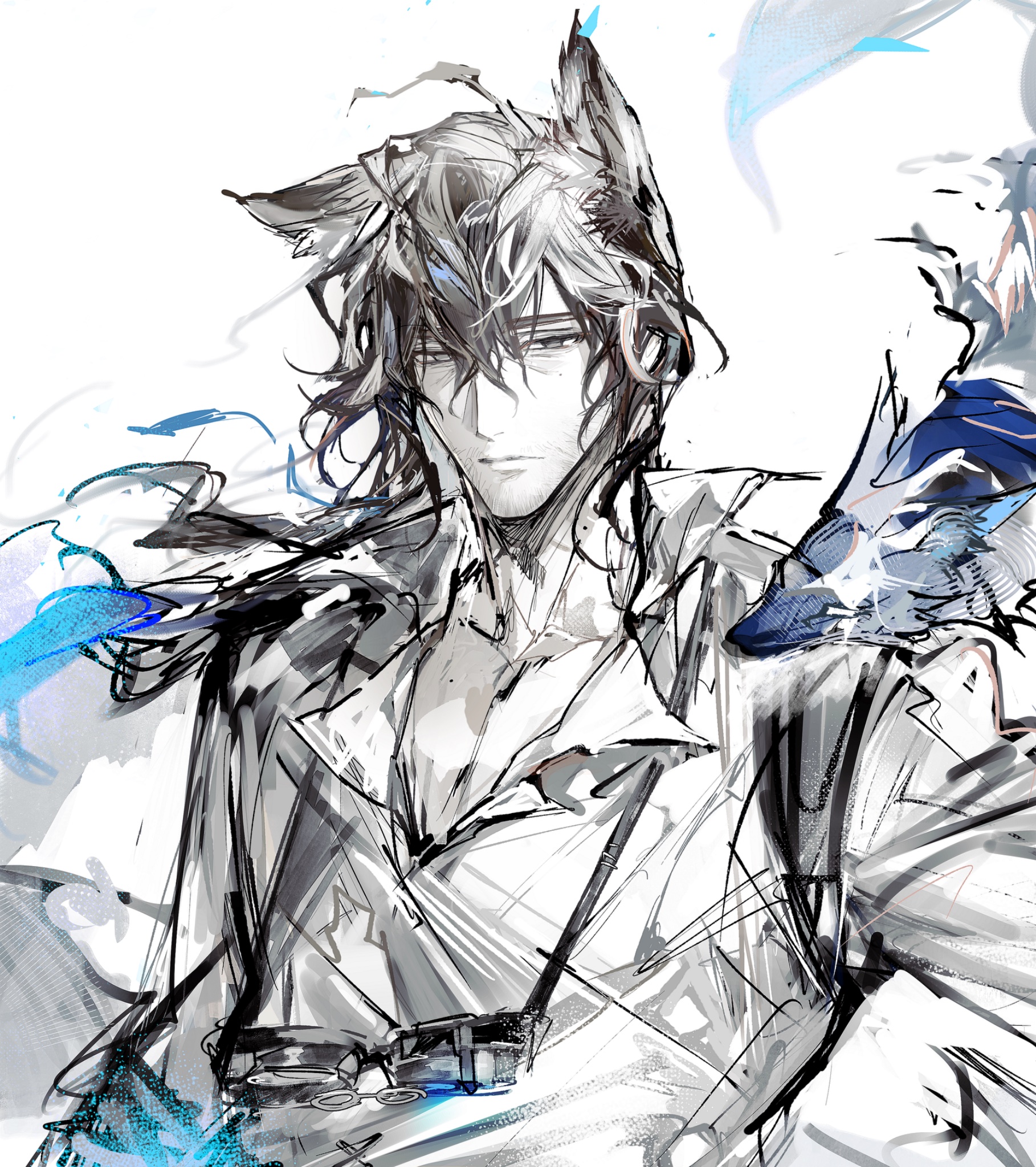 remsrar, arknights, highres, 1boy, ahoge, animal ears, beard stubble, blue gloves, closed mouth, expressionless, eyewear around neck, facial hair, fox, fox boy, fox ears, gloves, goggles, goggles around neck, grey eyes, grey hair, hair between eyes, long hair, looking at viewer, male focus, mature male, mole, mole on chest, mole on neck, mole under eye, nowell (arknights), pale skin, pectoral cleavage, pectorals, petting, shirt, solo, sparse stubble, stubble, upper body, white background, white shirt, wind, wing collar, wrinkled skin