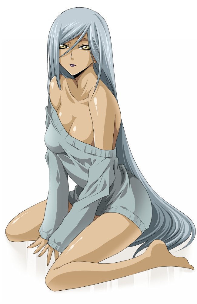 jyuru, villetta nu, villetta nu (amnesia), code geass, silver hair, 00s, 1girl, bare shoulders, barefoot, breasts, cleavage, dark-skinned female, dark skin, female focus, kneeling, large breasts, lipstick, long hair, long sleeves, makeup, naked sweater, off shoulder, sleeves past wrists, solo, sweater, yellow eyes