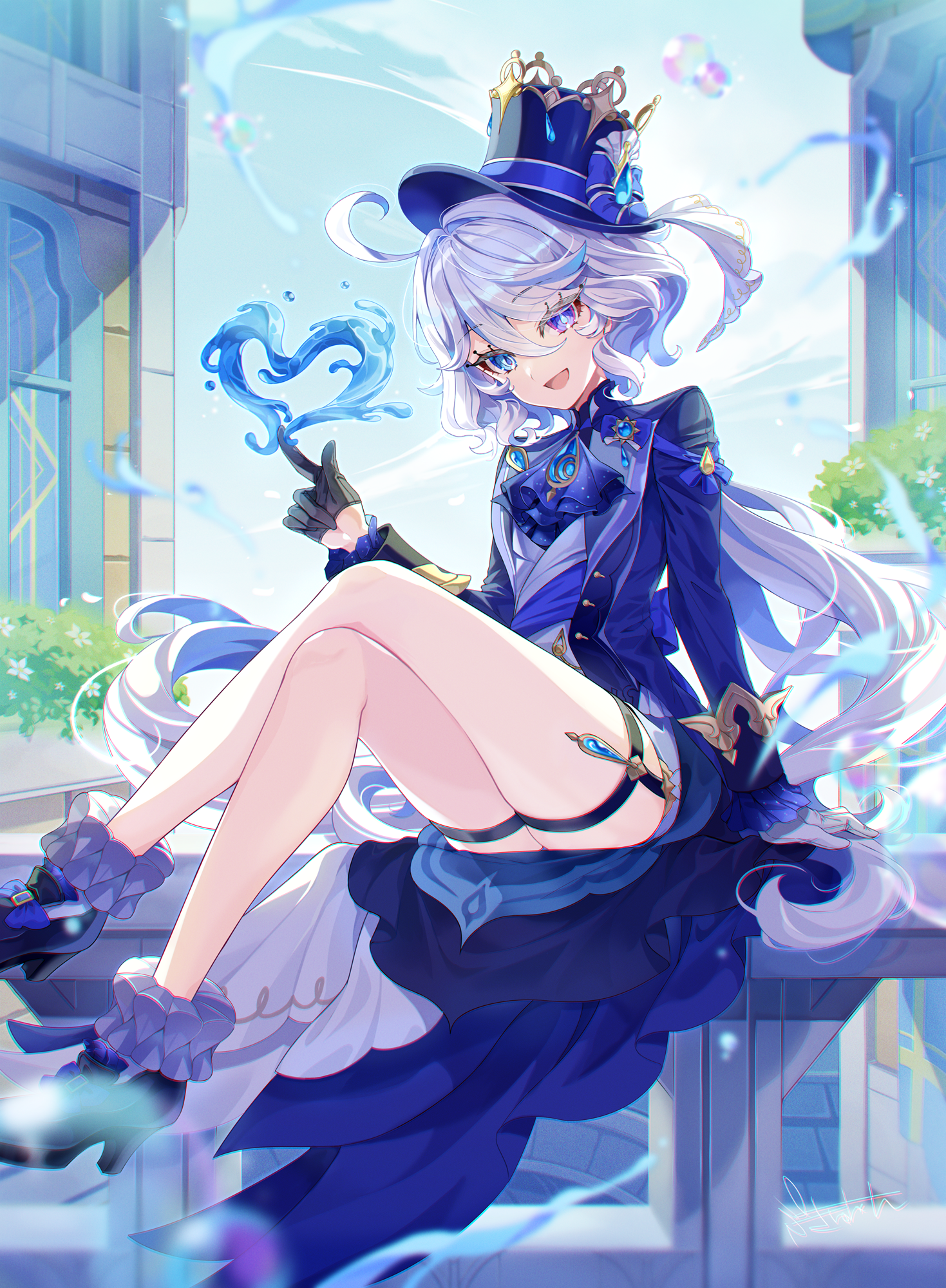 ringozaka mariko, furina (genshin impact), genshin impact, commentary request, highres, 1girl, :d, ahoge, ascot, asymmetrical gloves, black gloves, blue ascot, blue eyes, blue hair, blue hat, blue jacket, blue shoes, drop-shaped pupils, full body, gloves, hair between eyes, hat, heart of water, heterochromia, high heels, jacket, long hair, long sleeves, looking at viewer, mismatched gloves, mismatched pupils, open mouth, shoes, shorts, sitting, smile, solo, symbol-shaped pupils, thigh strap, top hat, white gloves, white hair, white shorts