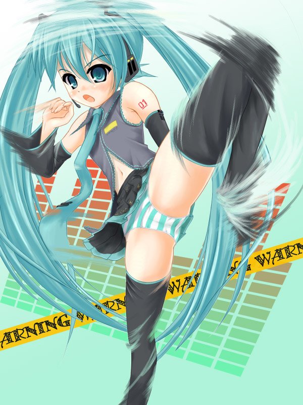 katsuragi niya, hatsune miku, vocaloid, 1girl, aqua hair, female focus, long hair, panties, solo, striped clothes, striped panties, thighhighs, twintails, underwear, very long hair