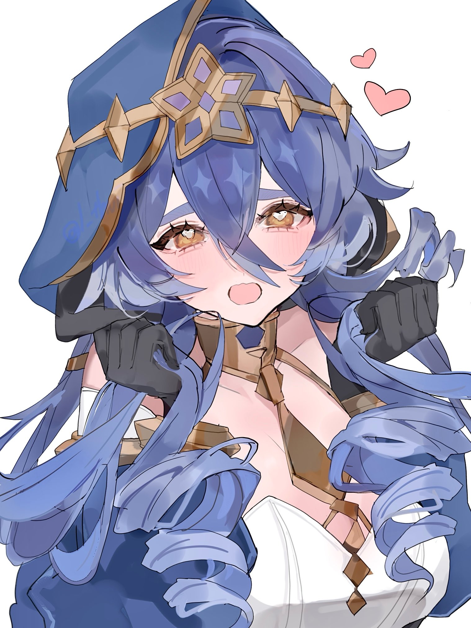mamamam pi, layla (genshin impact), genshin impact, highres, 1girl, bare shoulders, black gloves, blue hair, blue hood, blush, breasts, cleavage, detached sleeves, drill hair, drill sidelocks, gloves, gold choker, hair between eyes, heart, holding, hood, hood up, jewelry, large breasts, long hair, long sleeves, looking at viewer, neck ring, open mouth, puffy sleeves, sidelocks, simple background, solo, symbol-shaped pupils, twin drills, upper body, very long hair, white background, yellow eyes
