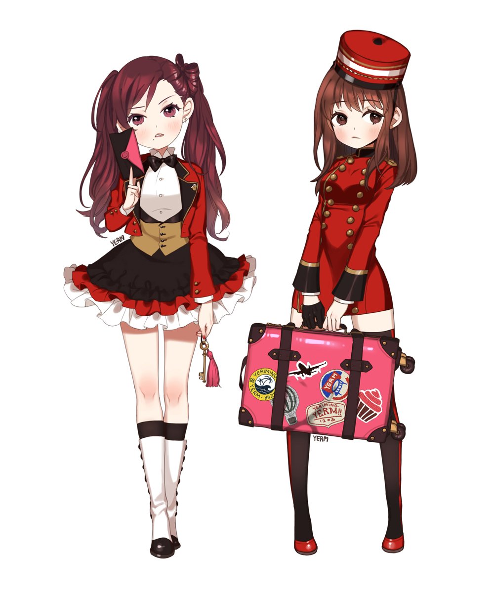 yerm, original, highres, 2girls, artist name, black gloves, blush, boots, bow, bow-shaped hair, bowtie, brown eyes, brown hair, buttons, closed mouth, collared shirt, colored lapels, cuff links, double-breasted, earrings, employee uniform, envelope, frilled skirt, frills, gloves, hat, holding, holding envelope, holding key, holding suitcase, jacket, jewelry, key, lapels, long hair, looking at viewer, mole, mole under mouth, multiple girls, nail polish, pigeon-toed, pillbox hat, purple eyes, purple hair, red jacket, shirt, simple background, single earring, single glove, skirt, spats (footwear), sticker, suitcase, thighhighs, twintails, vest, waistcoat, white background, white shirt, zettai ryouiki