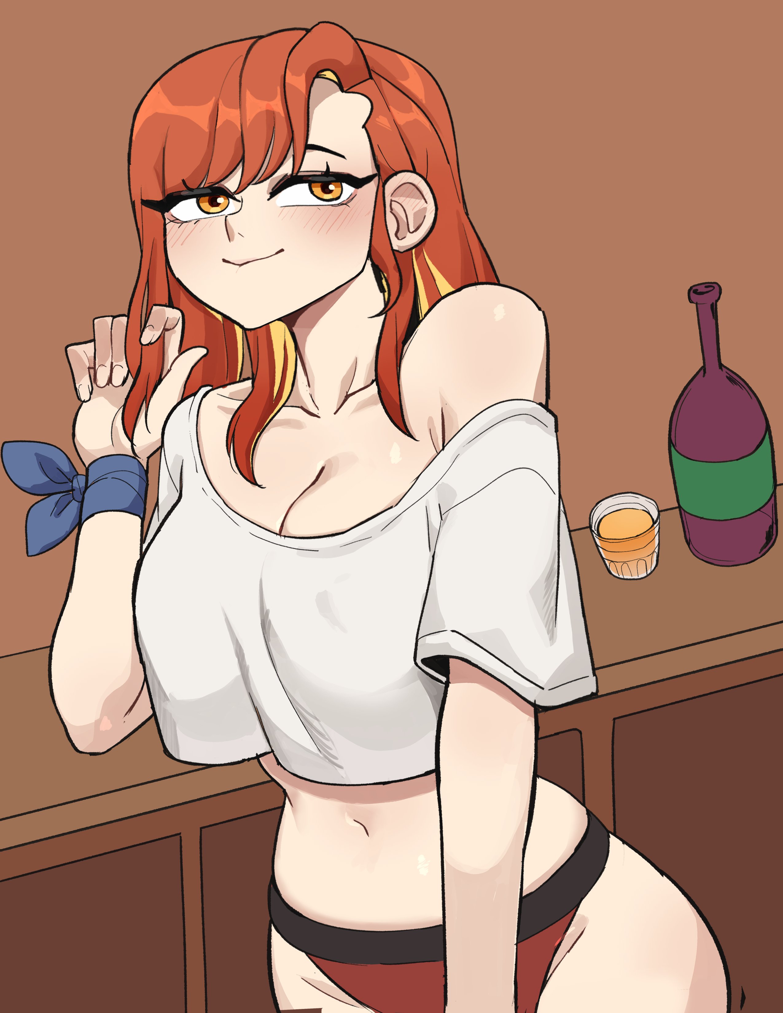 hyyun ho, june (hyyun ho), original, absurdres, commentary, commentary request, english commentary, highres, 1girl, blue ribbon, bottle, breasts, brown background, cleavage, closed mouth, cowboy shot, cropped shirt, cup, hair down, large breasts, midriff, navel, no pants, orange eyes, orange hair, panties, red panties, ribbon, shirt, single bare shoulder, single off shoulder, smile, solo, underwear, white shirt, wrist ribbon