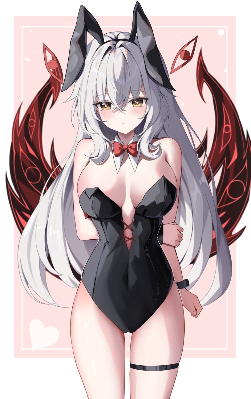 yeni1871, ronova (genshin impact), genshin impact, highres, 1girl, animal ears, bare shoulders, bow, bowtie, breasts, large breasts, leotard, long hair, looking at viewer, playboy bunny, rabbit ears, red eyes, solo, white hair, yellow eyes