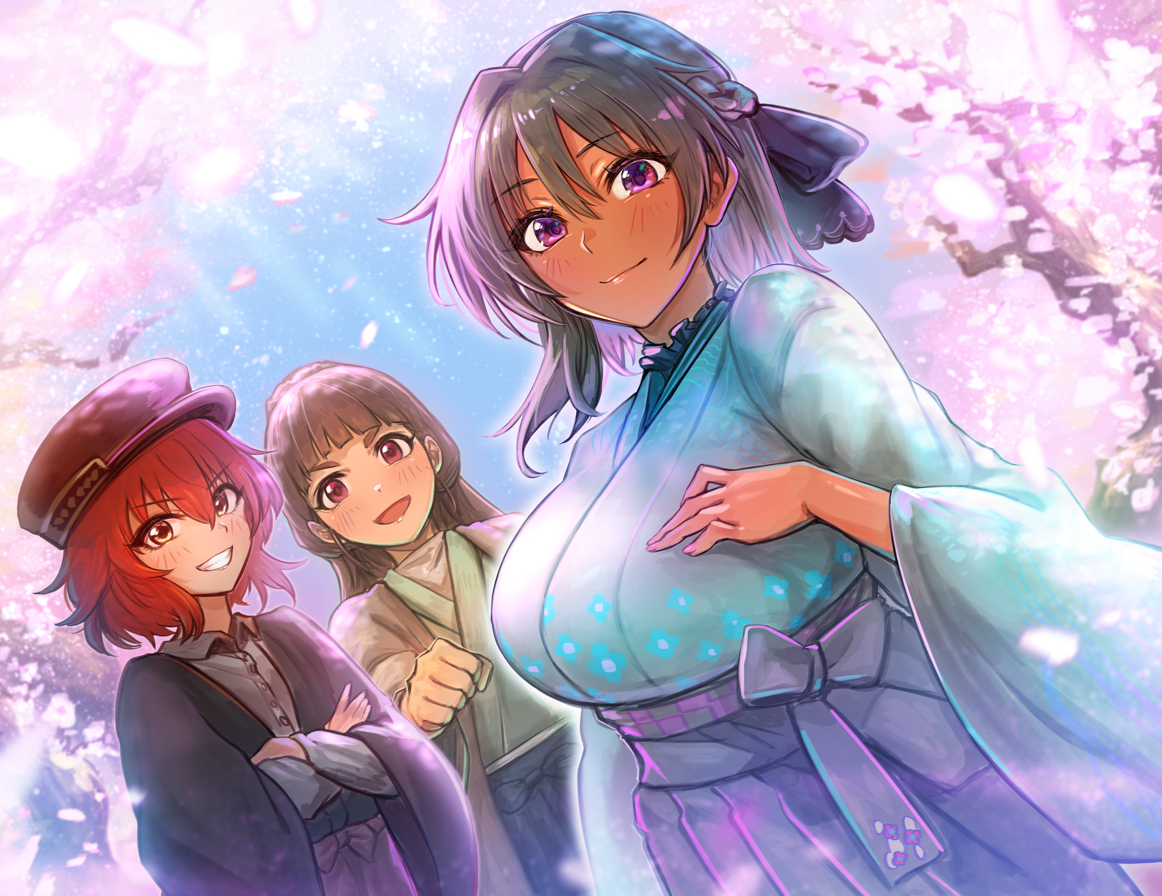 duralu500, kamiya nao, murakami tomoe, natalia (idolmaster), idolmaster, idolmaster cinderella girls, absurdres, highres, 3girls, black hair, blush, breasts, brown hair, cherry blossoms, clenched hand, crossed arms, dark-skinned female, dark skin, grin, hair between eyes, hat, huge breasts, japanese clothes, kimono, long hair, looking at viewer, multiple girls, petals, purple eyes, red eyes, red hair, short hair, smile, yellow eyes