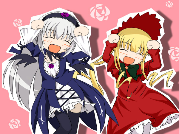 katsuragi niya, shinku, suigintou, rozen maiden, black legwear, 00s, 2girls, :d, ^ ^, blonde hair, blush, bonnet, bow, bowtie, caramelldansen, closed eyes, cowboy shot, dancing, dress, drill hair, gothic lolita, green bow, green bowtie, lolita fashion, long hair, multiple girls, open mouth, pink background, sidelocks, smile, thighhighs, twin drills, twintails, zettai ryouiki