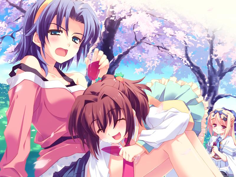 kusukusu, ayase yuuka, lulli, satomura karin, sakura strasse, jpeg artifacts, 3girls, carrot hair ornament, cherry blossoms, drunk, food-themed hair ornament, hair ornament, hair ribbon, multiple girls, ribbon, short hair