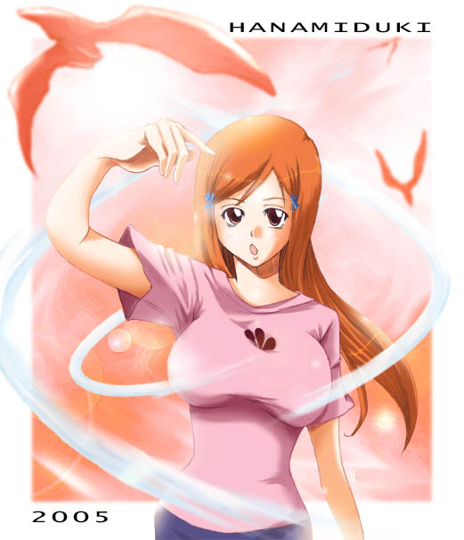 hanamiduki, mizuki shou, inoue orihime, bleach, 00s, 1girl, 2005, artist name, bird, border, breasts, female focus, huge breasts, large breasts, long hair, open mouth, orange hair, outside border, pink shirt, shirt, solo, t-shirt, upper body, white border