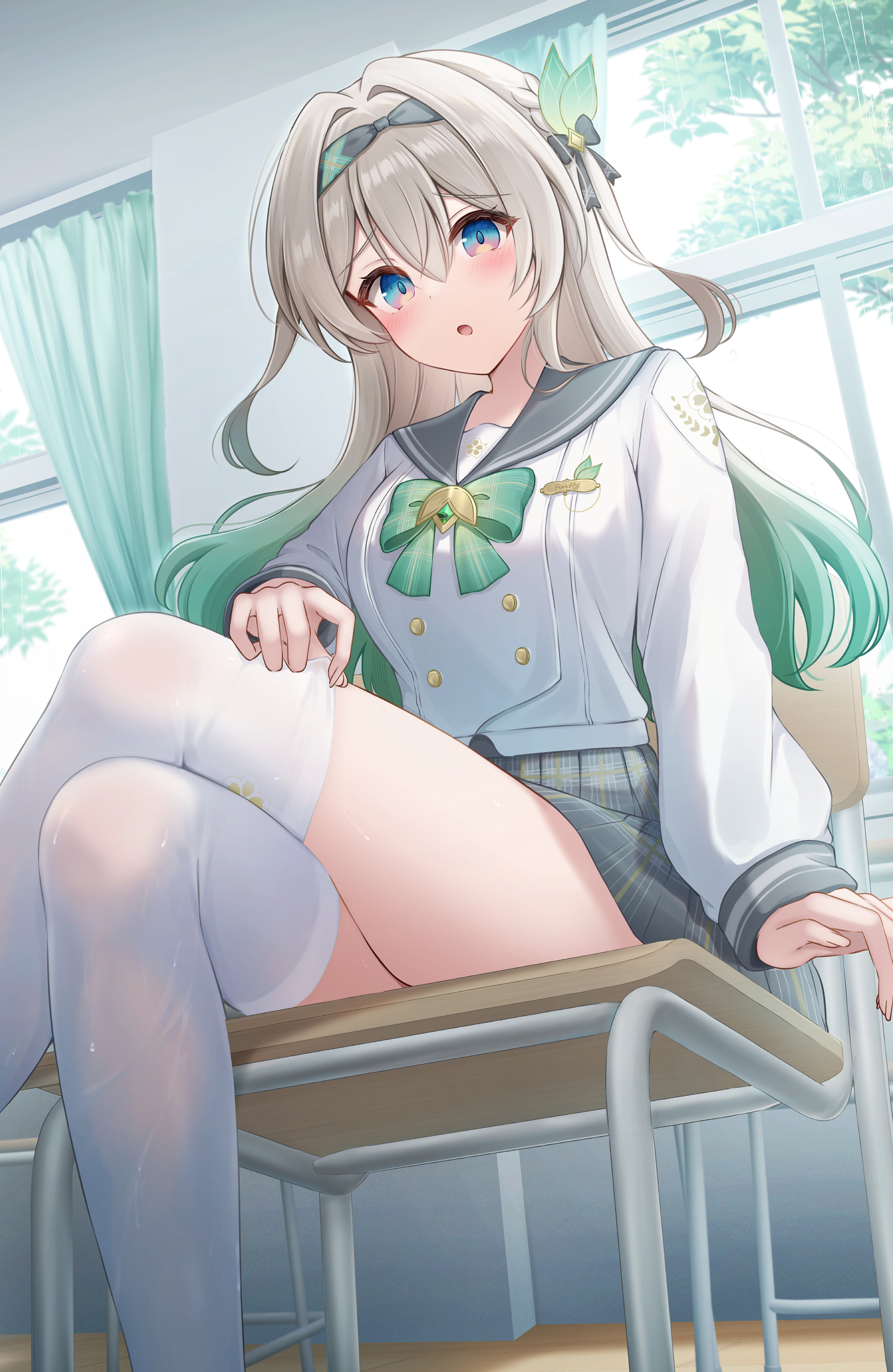 yukiunag1, firefly (honkai: star rail), firefly (spring missive) (honkai: star rail), honkai: star rail, honkai (series), absurdres, commentary request, highres, textless version, 1girl, blue pupils, blush, bow, bowtie, breasts, buttons, chair, colored tips, crossed legs, double-breasted, feet out of frame, from below, gradient eyes, green bow, green bowtie, green hair, grey hair, grey hairband, grey sailor collar, grey skirt, hairband, indoors, large breasts, looking at viewer, multicolored eyes, multicolored hair, official alternate costume, on chair, open mouth, plaid bow, plaid bowtie, plaid clothes, sailor collar, school chair, school uniform, shirt, sitting, skirt, solo, thighhighs, thighs, two-tone eyes, wet thighhighs, white shirt, white thighhighs, window