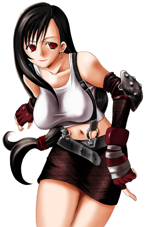 hanamiduki, mizuki shou, tifa lockhart, final fantasy, final fantasy vii, tagme, 1990s (style), 1girl, belt, black belt, black hair, breasts, cowboy shot, earrings, female focus, fingerless gloves, gloves, huge breasts, jewelry, large breasts, leaning forward, legs together, long hair, low-tied long hair, midriff, miniskirt, pencil skirt, red eyes, red gloves, retro artstyle, shirt, simple background, skirt, solo, suspender skirt, suspenders, tank top, taut clothes, white background, white shirt