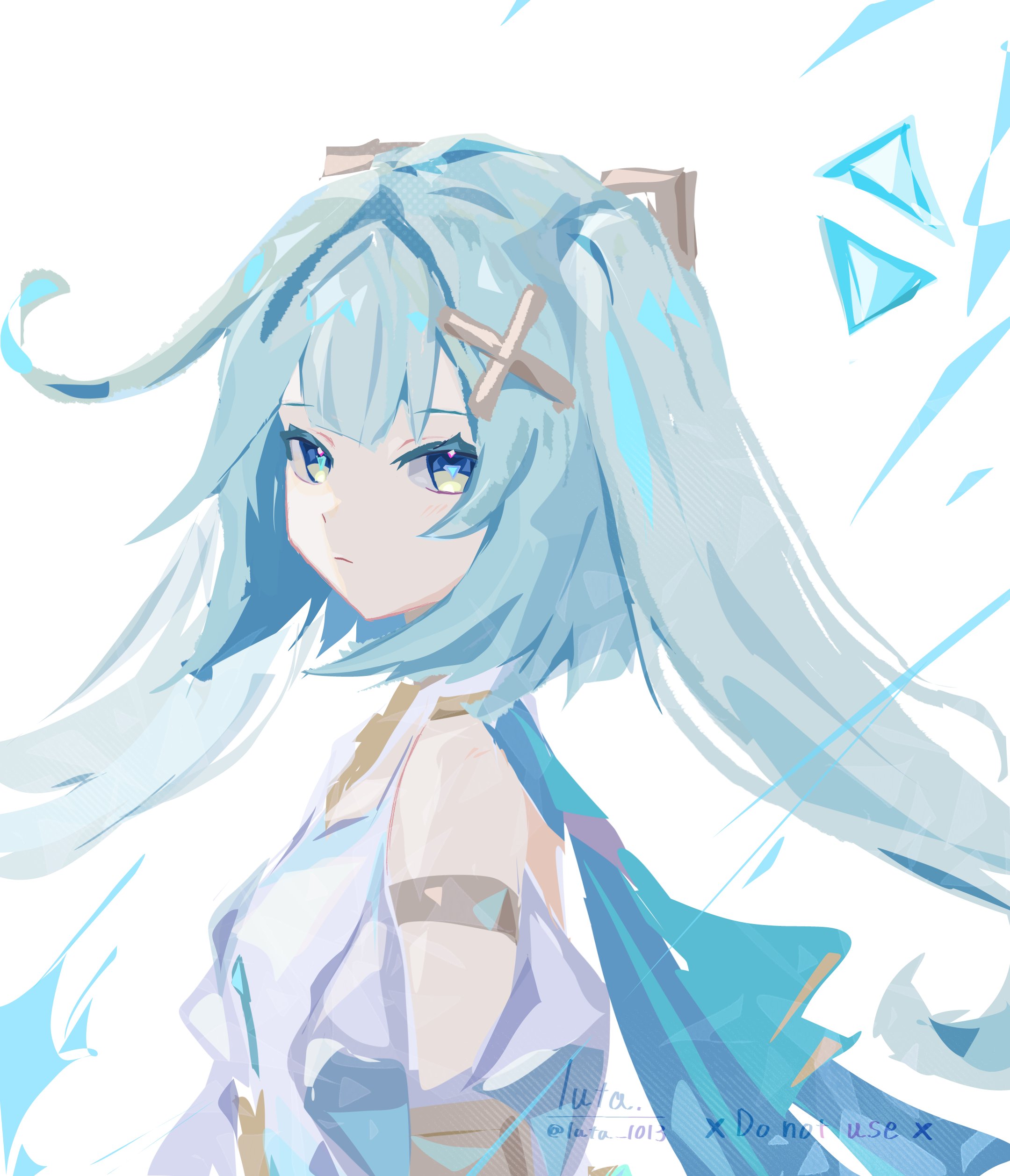 luta (luta 1013), faruzan (genshin impact), genshin impact, absurdres, highres, 1girl, aqua hair, bare shoulders, closed mouth, dress, from side, hair ornament, long hair, looking at viewer, simple background, solo, twintails, upper body, white background, white dress, x hair ornament