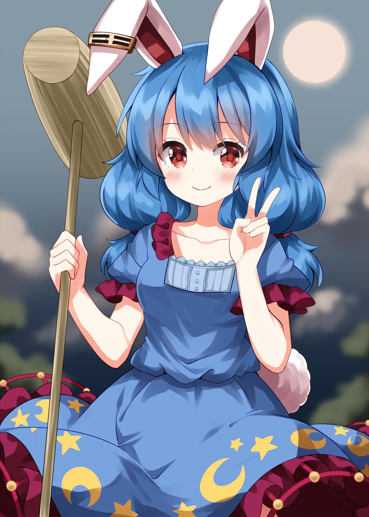 ruu (tksymkw), seiran (touhou), touhou, commentary, highres, 1girl, animal ears, blue dress, blue hair, blurry, blurry background, blush, closed mouth, collarbone, cowboy shot, dress, earclip, frilled dress, frilled sleeves, frills, full moon, hand up, holding, holding mallet, kine, long hair, looking at viewer, mallet, moon, rabbit ears, rabbit girl, red eyes, short sleeves, smile, solo, v