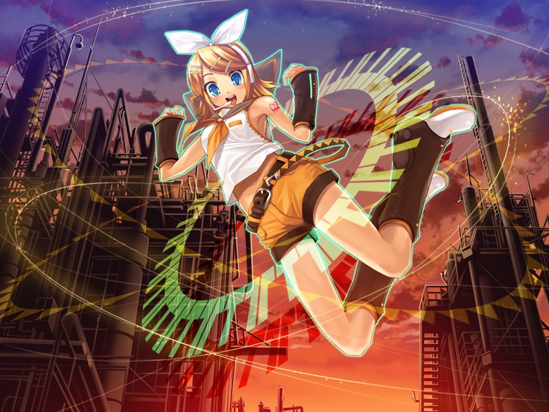 goe, kagamine rin, vocaloid, bad id, bad pixiv id, tagme, 1girl, bare shoulders, belt, blonde hair, blue eyes, blush, boots, bow, cloud, factory, female focus, floating, from below, hair bow, hair ornament, hairclip, happy, headset, midriff peek, outdoors, sailor collar, shirt, shorts, sky, sleeveless, sleeveless shirt, smile, solo, swept bangs, twilight, white bow