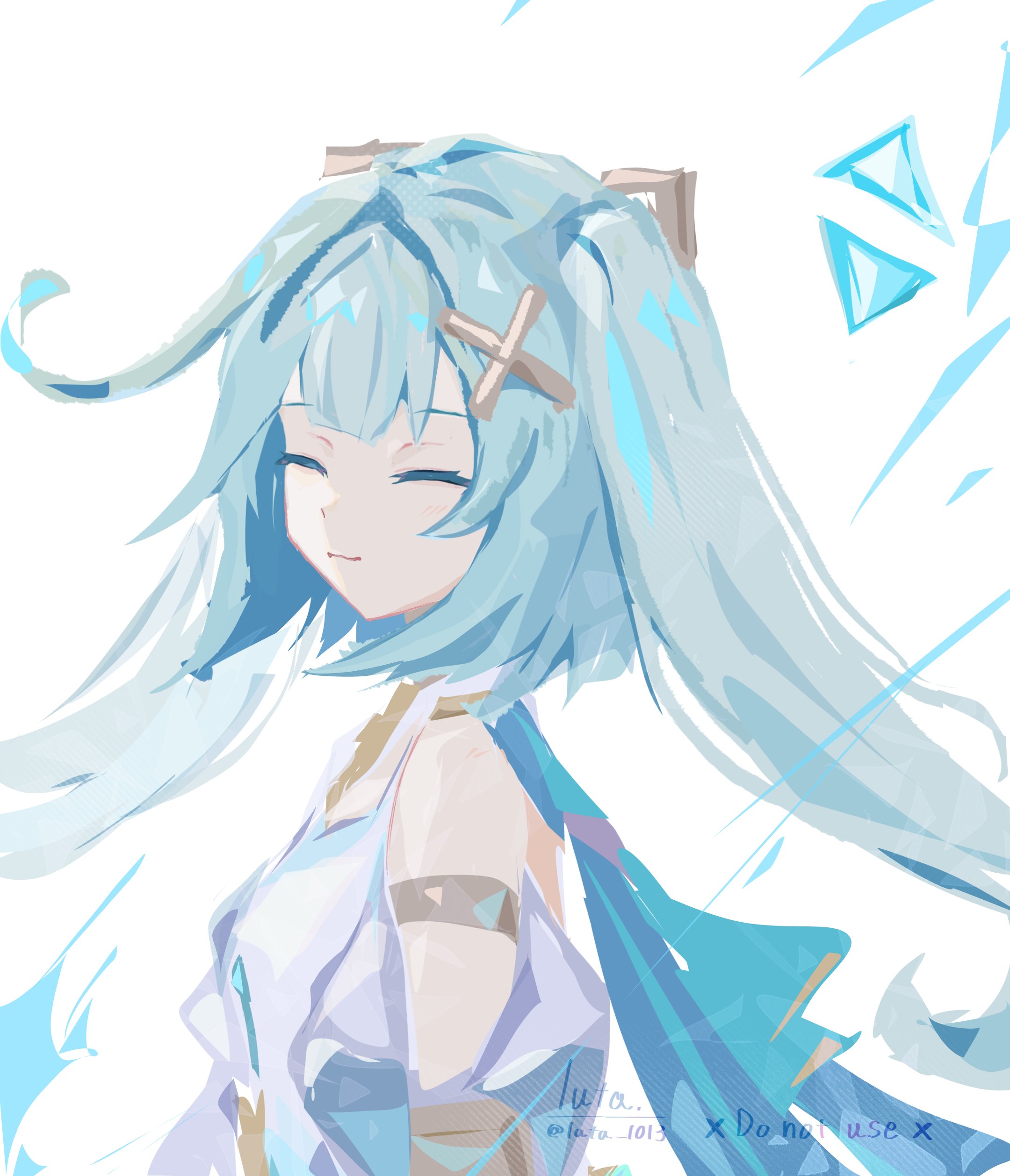 luta (luta 1013), faruzan (genshin impact), genshin impact, absurdres, highres, 1girl, aqua hair, bare shoulders, closed eyes, closed mouth, dress, hair ornament, long hair, simple background, smile, solo, twintails, upper body, white background, white dress, x hair ornament