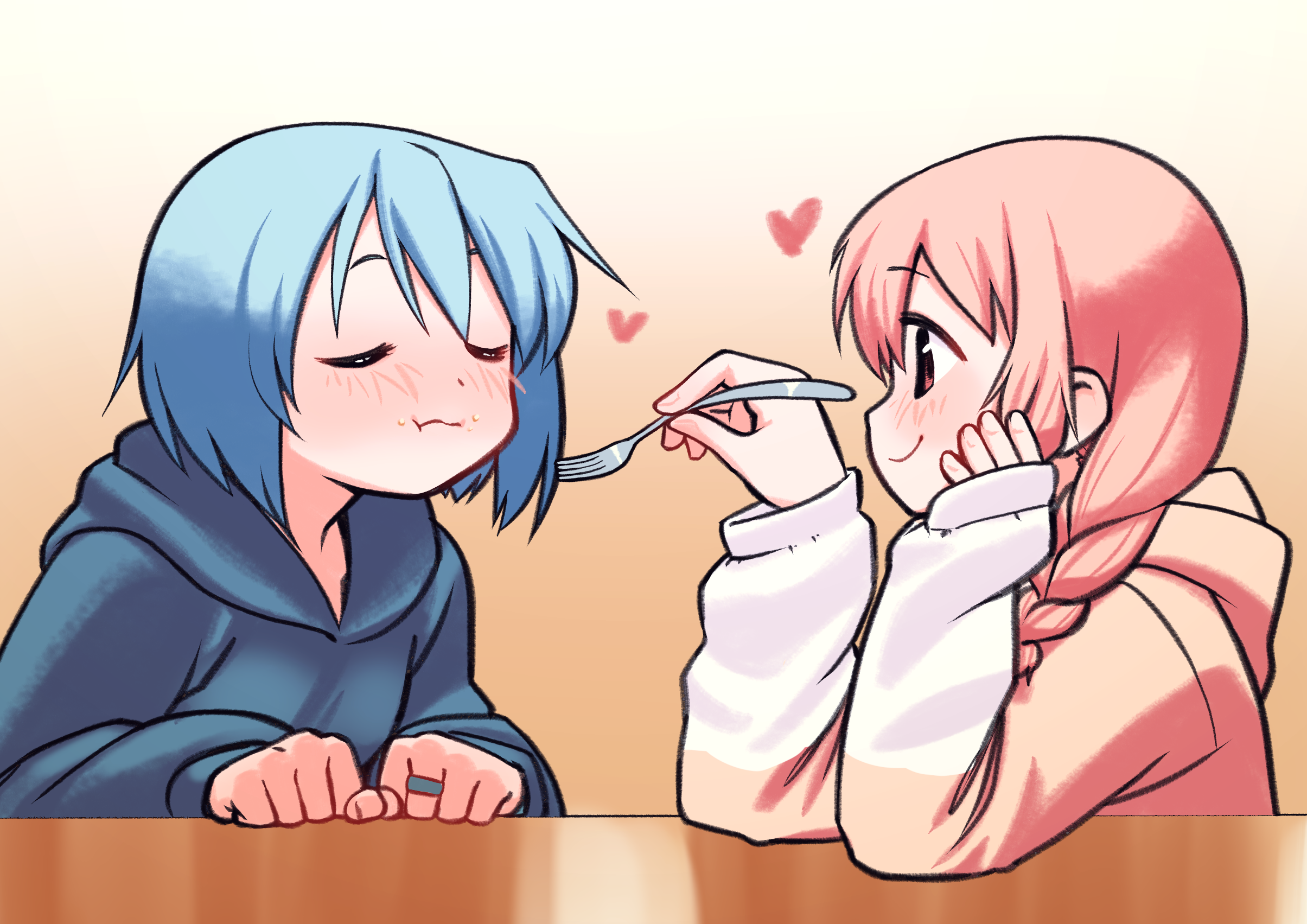 gloamy, kaname madoka, miki sayaka, mahou shoujo madoka magica, mahou shoujo madoka magica (anime), highres, 2girls, :t, alternate costume, alternate hairstyle, baggy clothes, blue hair, blue hoodie, blush, bob cut, braid, chewing, clenched hands, closed eyes, closed mouth, couple, crumbs, dot nose, eating, feeding, food, food on face, fork, full mouth, gradient background, hair between eyes, hair over shoulder, hand on own cheek, hand on own face, hands on table, heart, holding, holding fork, hood, hood down, hoodie, jewelry, leaning forward, long hair, long sleeves, looking at another, multiple girls, pink eyes, pink hair, raised eyebrows, reflection, ring, short hair, single braid, sleeves past wrists, smile, table, two-tone hoodie, upper body, white sleeves, yuri