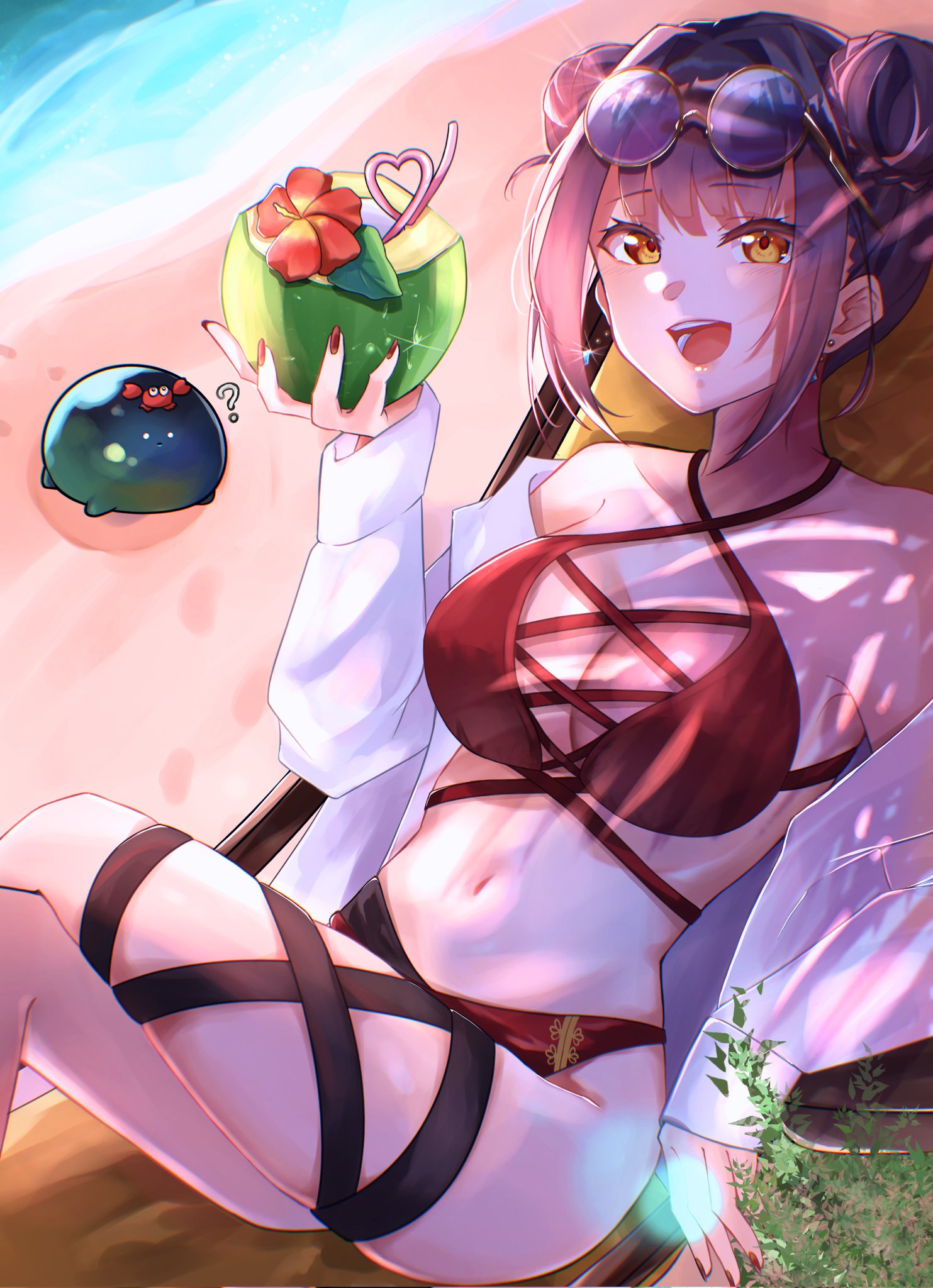e69465, li yingxia, narvy (heaven burns red), heaven burns red, highres, 1girl, alternate costume, bikini, black hair, breasts, coconut, dress, holding, large breasts, navel, ocean, red bikini, ribbon, solo, swimsuit