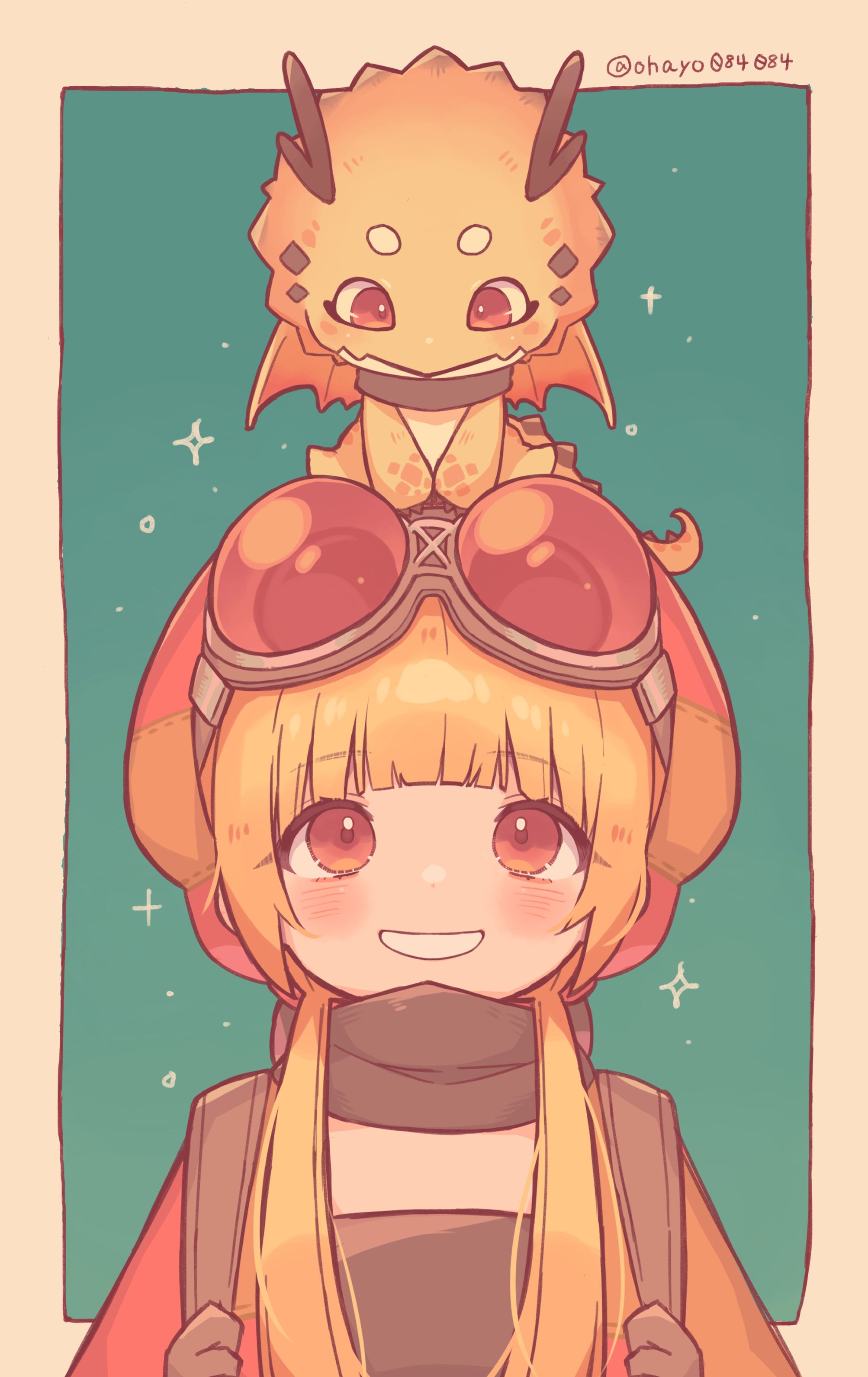 ohayo084084, original, absurdres, commentary request, highres, 1girl, blonde hair, blunt bangs, blush, border, brown gloves, brown shirt, dragon, gloves, goggles, goggles on head, green background, grin, hat, long hair, low twintails, on head, outside border, red eyes, red hat, shirt, simple background, smile, solo, twintails, twitter username, upper body, white border