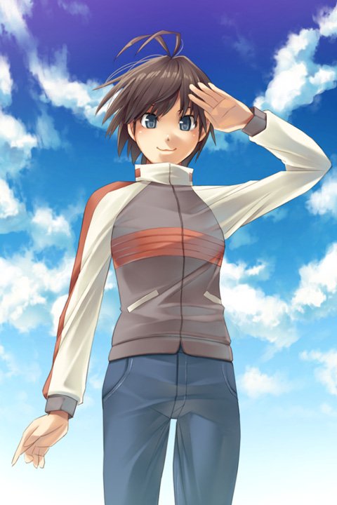 goe, kikuchi makoto, idolmaster, idolmaster (classic), idolmaster 1, bad id, bad pixiv id, 00s, 1girl, :3, androgynous, antenna hair, blue eyes, brown hair, cloud, day, denim, female focus, jacket, jeans, pants, raglan sleeves, reverse trap, salute, short hair, sky, solo, tomboy