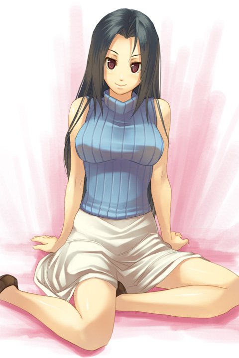 goe, miura azusa, idolmaster, idolmaster (classic), idolmaster 1, bad id, bad pixiv id, 00s, 1girl, ahoge, bare shoulders, blue hair, female focus, long hair, red eyes, sitting, skirt, sleeveless, sleeveless turtleneck, solo, turtleneck, yokozuwari