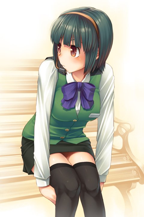 goe, otonashi kotori, idolmaster, idolmaster (classic), idolmaster 1, looking away, bad id, bad pixiv id, 00s, 1girl, bench, black thighhighs, female focus, green hair, hairband, pencil skirt, red eyes, short hair, sitting, skirt, solo, thighhighs