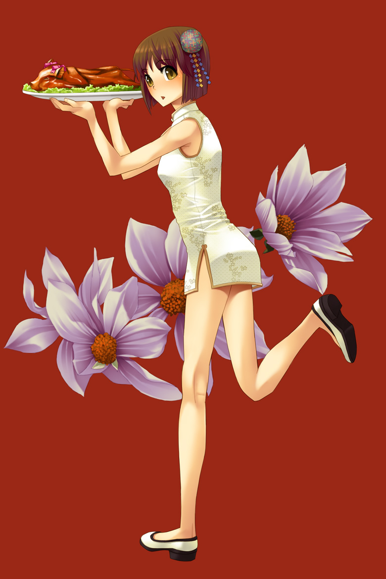 goe, hagiwara yukiho, idolmaster, idolmaster (classic), idolmaster 1, bad id, bad pixiv id, 00s, 1girl, bare arms, bare shoulders, brown eyes, brown hair, bun cover, china dress, chinese clothes, dress, female focus, floral background, flower, from side, full body, hair bun, legs, no socks, red background, running, shoes, short dress, simple background, single hair bun, sleeveless, sleeveless dress, solo, waitress