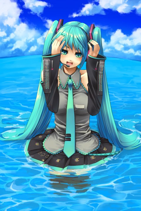 goe, hatsune miku, vocaloid, 1girl, cloud, day, female focus, green eyes, green hair, long hair, matching hair/eyes, necktie, ocean, open mouth, outdoors, sky, solo, thighhighs, twintails, very long hair, wading, water