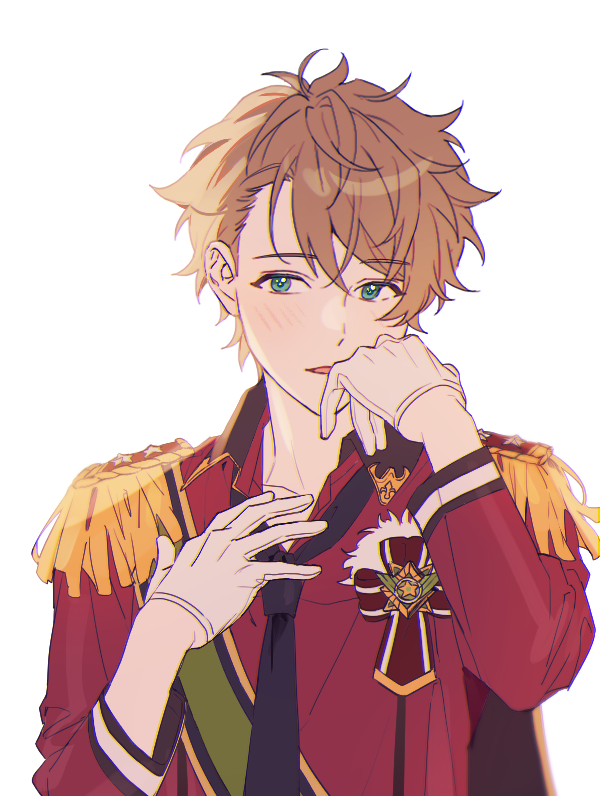 ran (ckgr5884), takamine midori, ensemble stars!, commentary, 1boy, aqua eyes, black necktie, brown hair, collared shirt, epaulettes, gloves, hands up, hot & elegant chocolat fes (ensemble stars!), looking at viewer, male focus, necktie, shirt, short hair, simple background, solo, three-quarter sleeves, upper body, white background, white gloves
