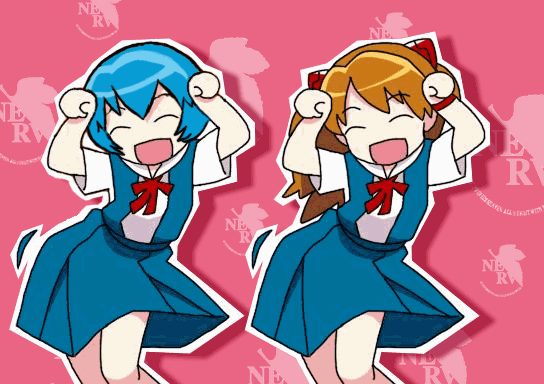ayanami rei, souryuu asuka langley, neon genesis evangelion, animated, animated gif, blue hair, caramelldansen, dancing, red hair, school uniform, serafuku