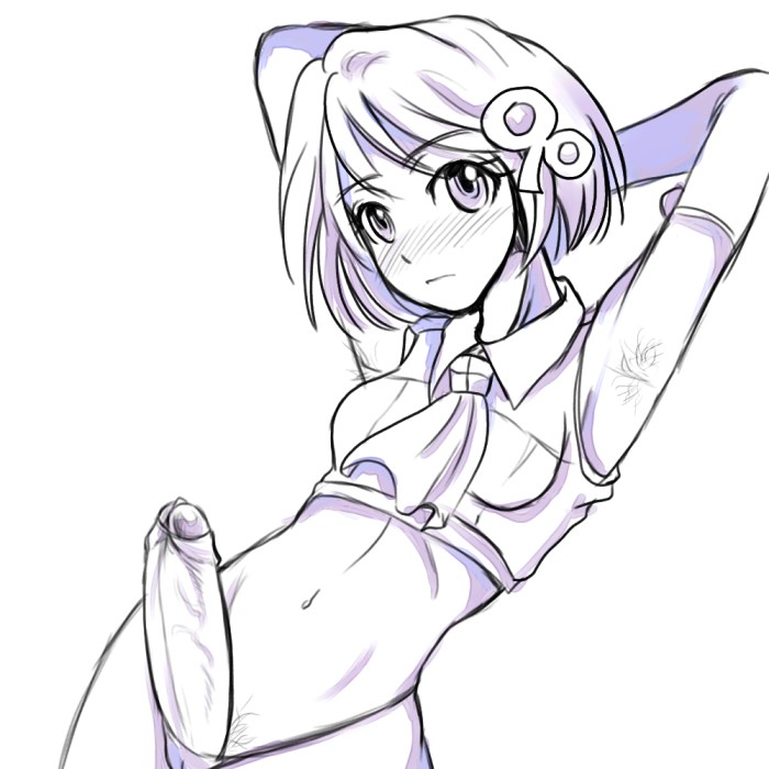 98-tan, os-tan, 1futa, armpits, blush, censored, elbow gloves, futanari, gloves, monochrome, penis, solo