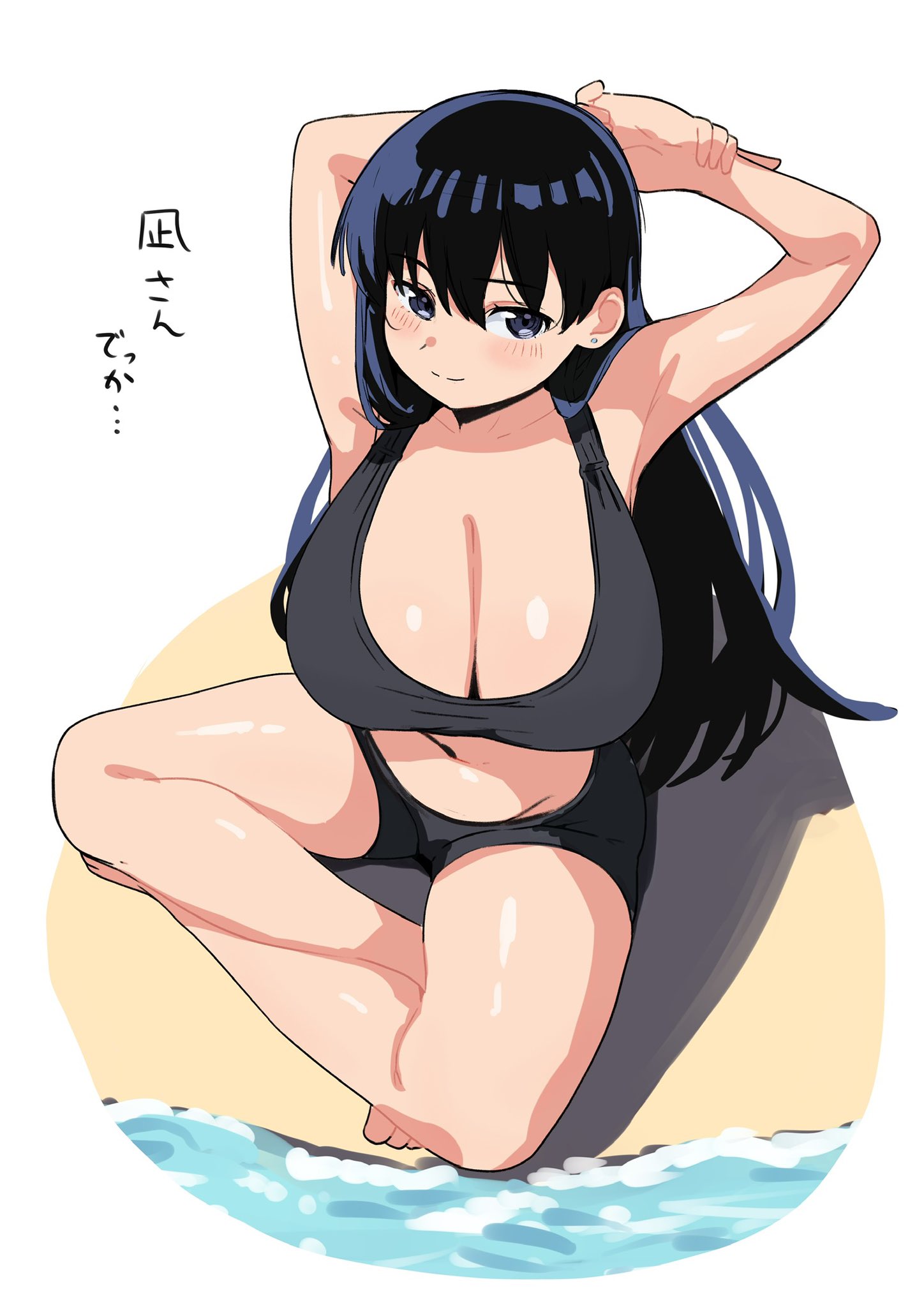tansui san (tcjp4784), arato nagi, ruri no houseki, commentary request, highres, translation request, 1girl, armpits, arms up, bare arms, black eyes, black hair, black shorts, blush, breasts, cleavage, closed mouth, crop top, faux figurine, huge breasts, indian style, long hair, looking at viewer, navel, short shorts, shorts, simple background, sitting, smile, solo, thighs, white background