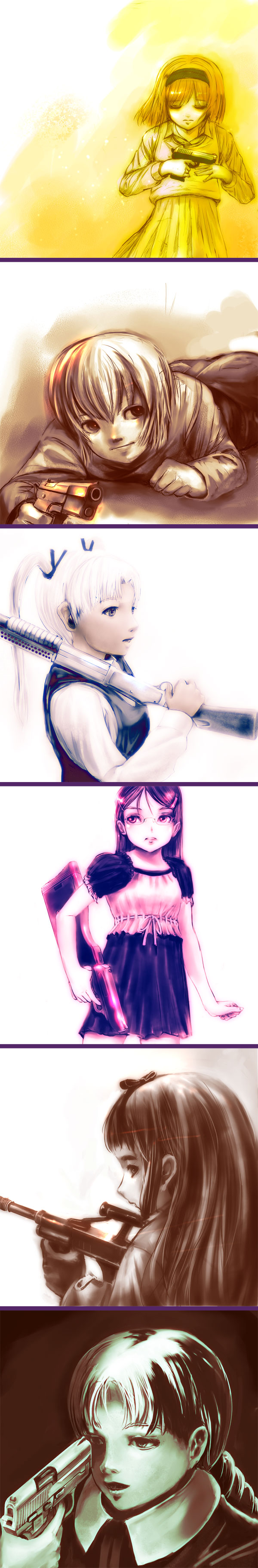 shousan bouzu, angelica (gunslinger girl), claes, elsa de sica, henrietta (gunslinger girl), rico (gunslinger girl), triela, gunslinger girl, heckler & koch, sig sauer, absurdres, highres, long image, tall image, 00s, 6+girls, an hero, assault rifle, blonde hair, bob cut, bullpup, burst fire gun, burst fire pistol, cocked hammer, cz 75, everyone, glasses, gun, gun stock, gun to head, h&k vp70, h&k vp70m, handgun, holding, holding gun, holding weapon, multiple girls, multiple monochrome, pistol, pump-action shotgun, pump action, realistic, rifle, semi-automatic pistol, shotgun, shoulder-stocked handgun, shoulder stock, sig p228/p229, steyr aug, stock (firearm), submachine gun, transforming weapon, vertical forward grip, weapon, winchester model 1897