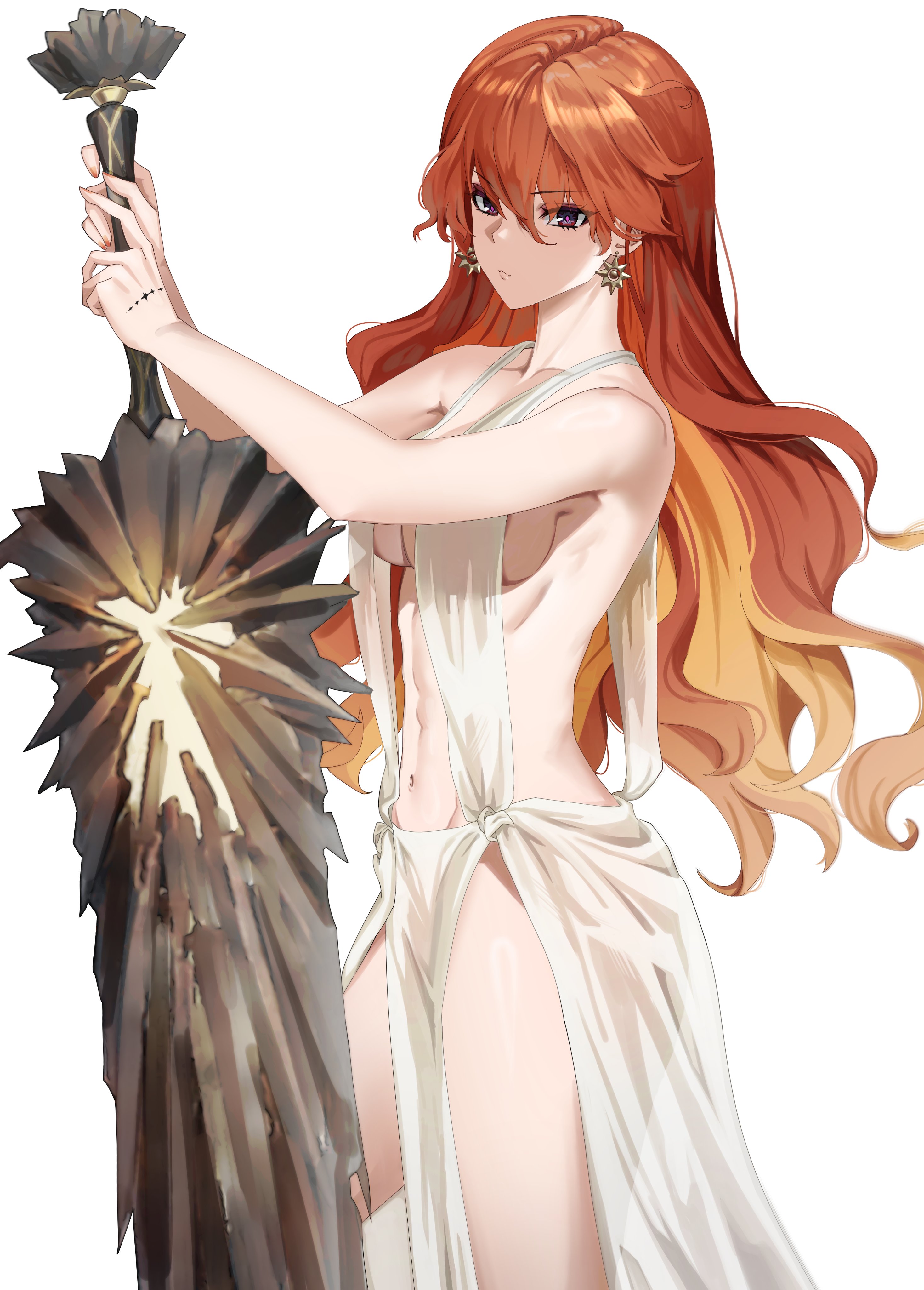 trixie (trixiex33), augusta (wuthering waves), wuthering waves, absurdres, commentary, highres, 1girl, abs, bare shoulders, breasts, closed mouth, collarbone, colored inner hair, dress, earrings, greatsword, hair between eyes, halter dress, halterneck, holding, holding sword, holding weapon, jewelry, long hair, looking at viewer, medium breasts, multicolored hair, navel, orange hair, red eyes, sidelocks, simple background, solo, stomach, sun earrings, sword, thighs, weapon, white background, white dress
