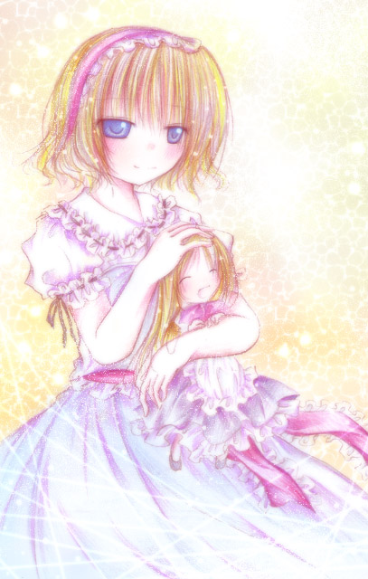 kasuga sunao, alice margatroid, shanghai doll, touhou, 1girl, blonde hair, blue dress, blue eyes, blush, capelet, collar, doll, dress, female focus, frills, full body, hair ribbon, height difference, hug, long hair, puffy short sleeves, puffy sleeves, ribbon, short hair, short sleeves, sleeping, solo