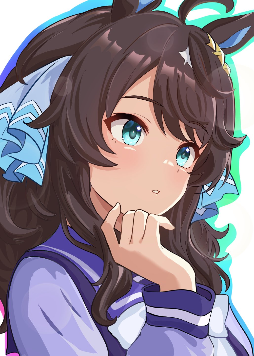 kanon (user rrhr4244), daring tact (umamusume), umamusume, commentary, highres, 1girl, ahoge, animal ears, blue eyes, blue ribbon, bow, bowtie, brown hair, hair ribbon, hand up, horse ears, horse girl, long hair, long sleeves, parted lips, portrait, purple sailor collar, purple shirt, ribbon, sailor collar, school uniform, shirt, simple background, solo, tracen school uniform, white background, white bow, white bowtie, winter uniform