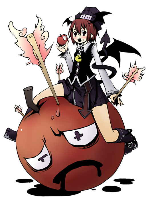 kannazuki hato, koakuma, embodiment of scarlet devil, touhou, 1girl, apple, arrow (projectile), bat wings, demon tail, demon wings, eating, female focus, fire, food, fruit, hat, head wings, holding, holding food, holding fruit, short hair, simple background, solo, tail, wings
