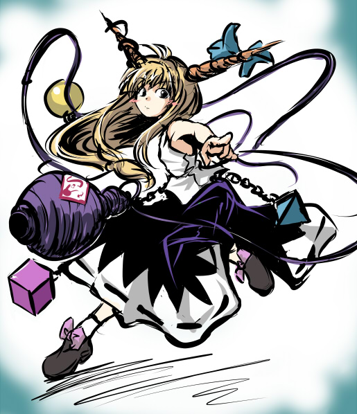 fechirin, ibuki suika, touhou, 1girl, armpits, blonde hair, blue eyes, blue skirt, blush, chain, cube, dress, female focus, gourd, horns, long hair, looking at viewer, low-tied long hair, oni, shirt, skirt, sleeveless, sleeveless dress, solo, triangle, very long hair, white shirt, wrist cuffs