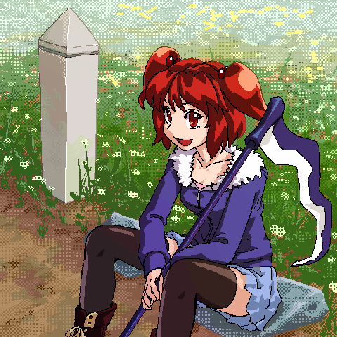 kiriu, onozuka komachi, touhou, lowres, 1girl, alternate costume, black thighhighs, boots, brown boots, casual, contemporary, female focus, oekaki, open mouth, red eyes, red hair, scythe, sitting, solo, thighhighs, twintails, two side up
