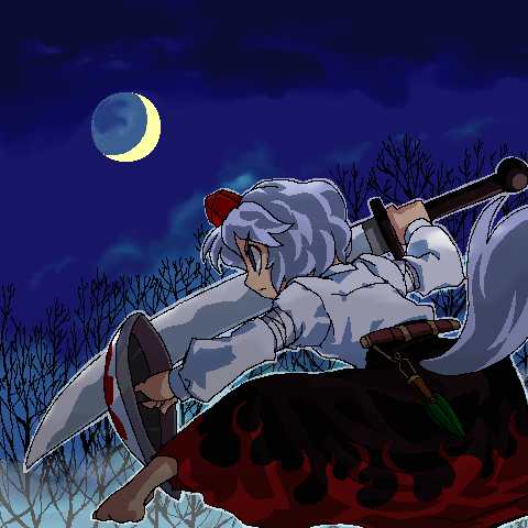 kiriu, inubashiri momiji, touhou, lowres, 1girl, crescent moon, female focus, fighting stance, from side, hat, moon, oekaki, red hat, solo, sword, weapon