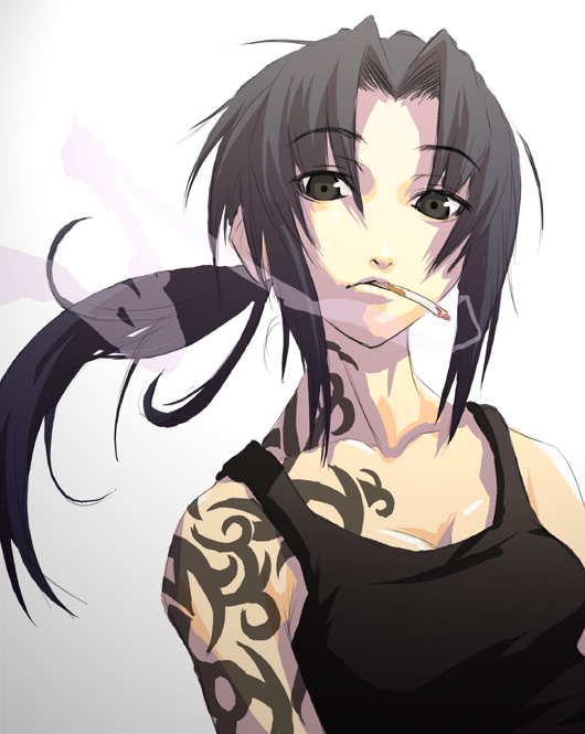 nilitsu, revy (black lagoon), black lagoon, 00s, 1girl, arm tattoo, bare shoulders, black hair, breasts, brown eyes, cigarette, cleavage, collarbone, female focus, lips, long hair, looking at viewer, low ponytail, medium breasts, mouth hold, parted bangs, ponytail, shoulder tattoo, sleeveless, smoke, smoking, solo, tank top, tattoo, tribal tattoo, tsurime