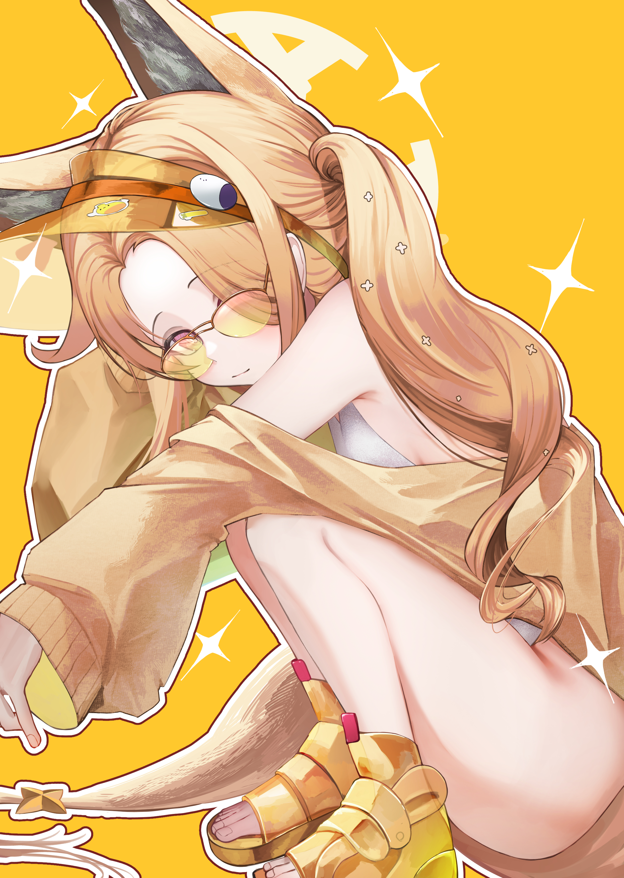 dedemaru, seia (blue archive), seia (swimsuit) (blue archive), blue archive, absurdres, highres, 1girl, animal ear fluff, animal ears, bare shoulders, blonde hair, closed mouth, fox ears, fox girl, fox tail, hair over one eye, halo, long hair, looking at viewer, official alternate costume, official alternate hairstyle, one-piece swimsuit, pink eyes, sandals, side ponytail, sidelocks, smile, solo, sunglasses, swimsuit, tail, tinted eyewear, toes, visor cap, white one-piece swimsuit, yellow-tinted eyewear, yellow halo, yellow sandals, yellow visor