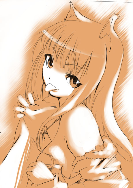 kazumiya akira, holo, spice and wolf, 00s, :p, animal ears, long hair, monochrome, open clothes, open shirt, shirt, solo, tongue, tongue out, wolf ears
