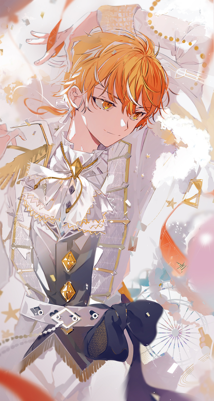 suou (sdurorhr), tenma tsukasa, project sekai, commentary request, highres, partial commentary, 1boy, belt, black bow, bow, closed mouth, cowboy shot, diamond (shape), ferris wheel, fingernails, long sleeves, male focus, orange eyes, orange hair, solo, spade (shape), star (symbol)