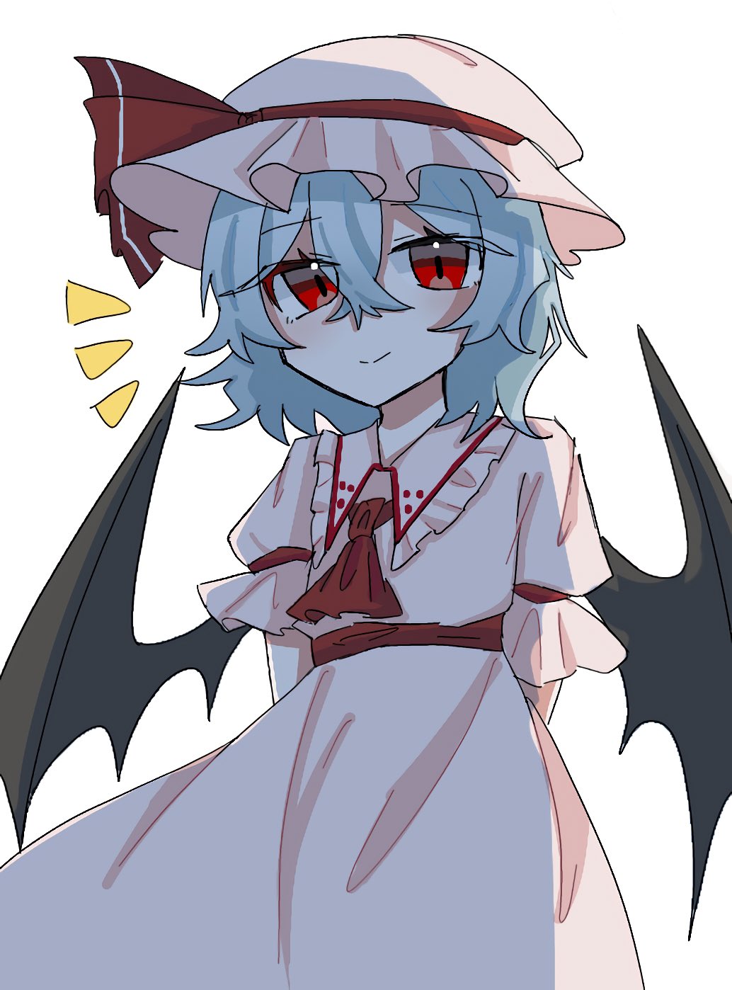 remilia scarlet, touhou, highres, 1girl, arms behind back, ascot, bat wings, blue hair, crossed bangs, dress, emphasis lines, frilled dress, frills, hair between eyes, hat, looking at viewer, mob cap, red ascot, red eyes, short hair, simple background, smile, solo, white background, wings, zqrta9znp764930
