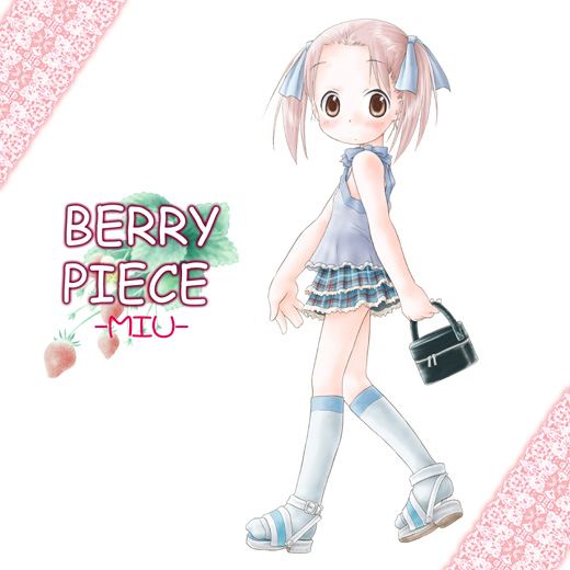 zummy, matsuoka miu, berry piece, ichigo mashimaro, 1girl, bag, blush, brown eyes, camisole, carrying, child, embarrassed, female focus, flat chest, food, frills, fruit, hair ribbon, handbag, kneehighs, legs, looking at viewer, looking back, pink hair, plaid clothes, plaid skirt, ribbon, sandals, shoes, short twintails, skirt, socks, solo, standing, strawberry, twintails, walking