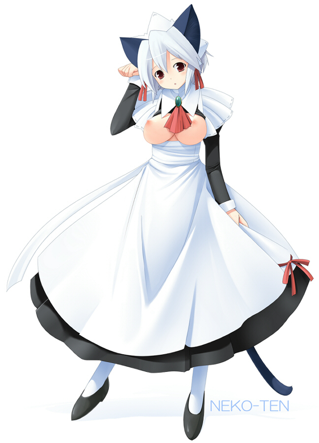 fujishiro touma, kotonomiya yuki, suigetsu, 1girl, animal ears, breasts, cat ears, cat tail, female focus, maid, open clothes, open shirt, pantyhose, red eyes, shirt, short hair, solo, tail