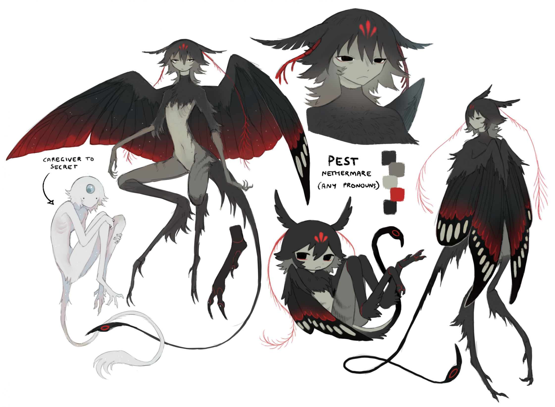 jejejunum, secret (jejejunum), original, highres, 2others, arthropod boy, black tail, body fur, character name, chibi, chibi inset, closed mouth, digitigrade, expressionless, feathered wings, forehead jewel, full body, harpy boy, insect wings, monster boy, moth boy, moth wings, multicolored fur, multicolored wings, multiple others, no mouth, no nose, orb, pest (jejejunum), red wings, reference sheet, white background, white fur, white tail, wings