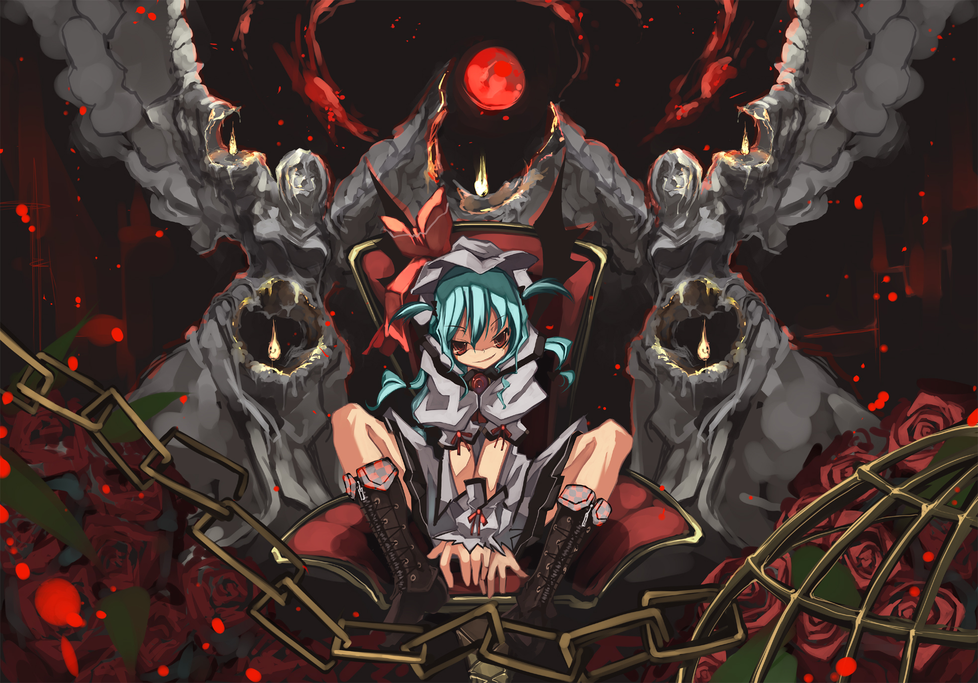 shimadoriru, remilia scarlet, touhou, highres, 1girl, between legs, blue hair, dress, female focus, full body, hand between legs, looking at viewer, puffy short sleeves, puffy sleeves, red eyes, short hair, short sleeves, sitting, solo, spread legs, statue, throne, white dress